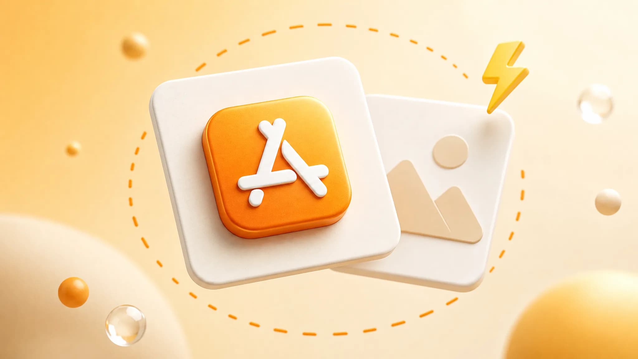 ScreenFast blog illustration showing an App Store icon card on a cream background