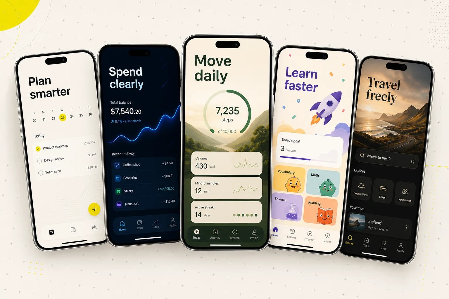 Five distinct App Store screenshot design examples for productivity, finance, wellness, education, and travel apps
