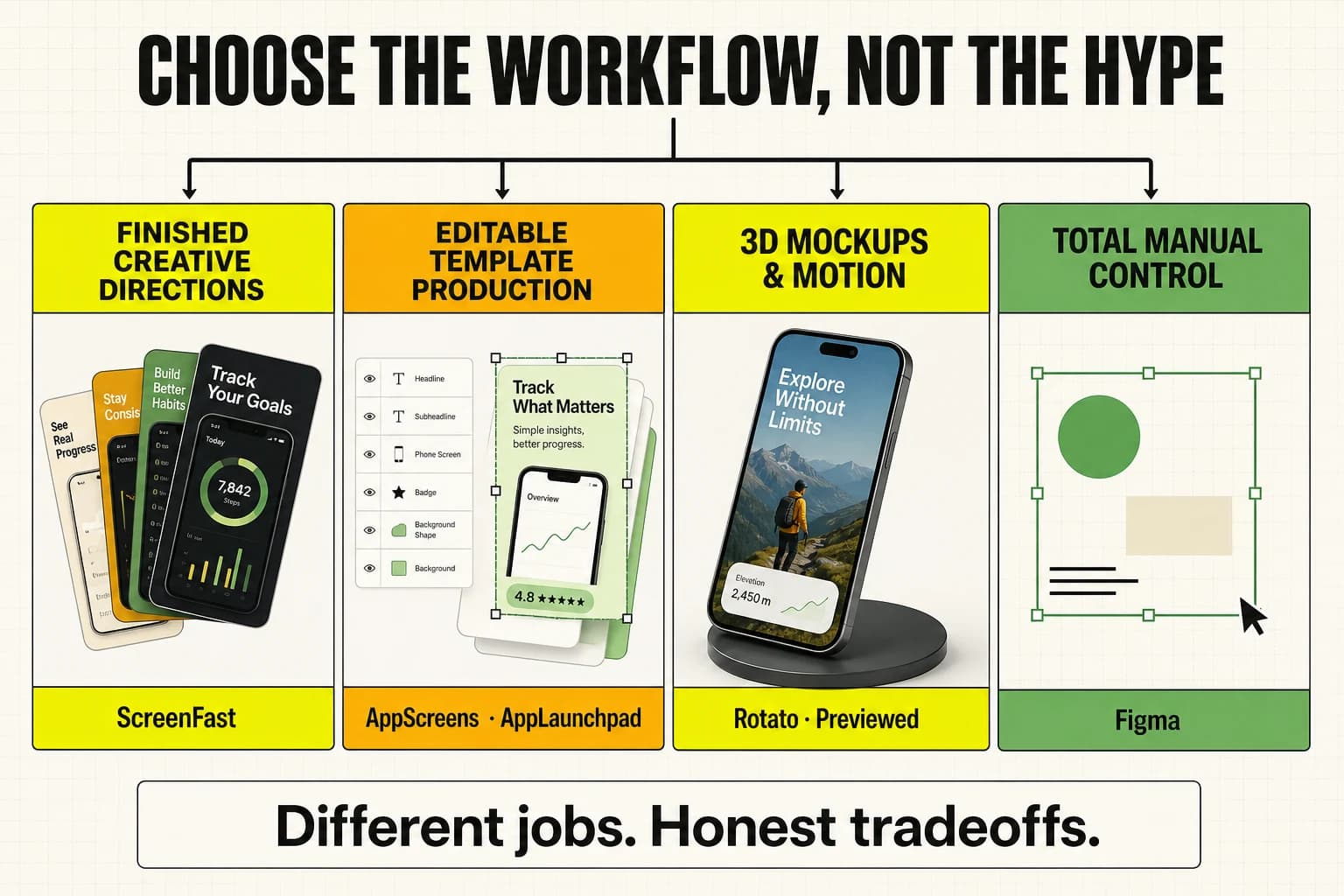 Decision map comparing finished AI directions, editable template production, 3D mockups and motion, and total manual control