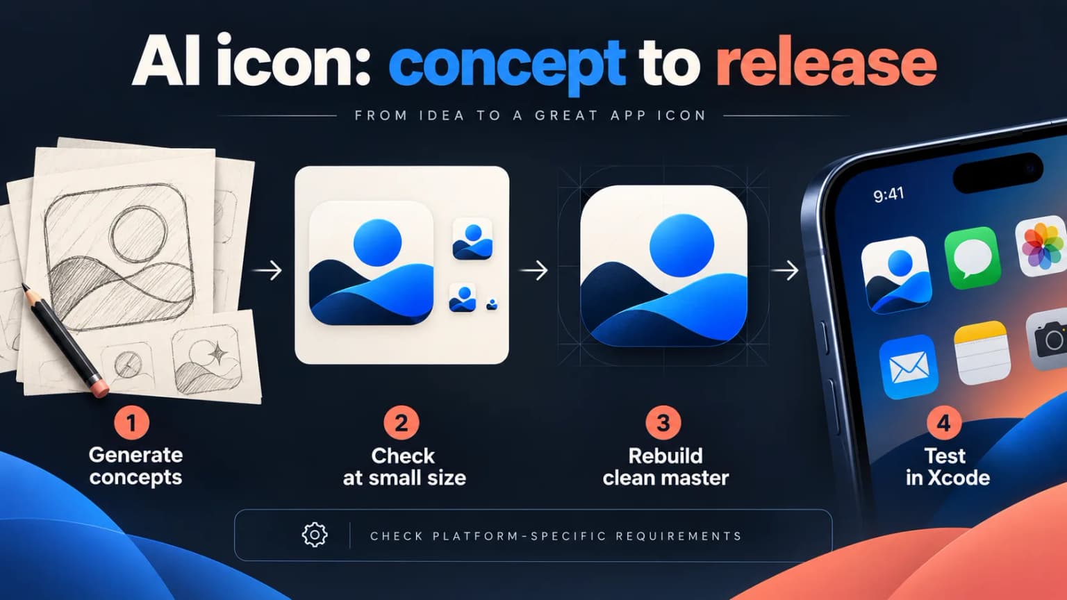 Four-step infographic from AI icon concept to a tested Xcode asset.