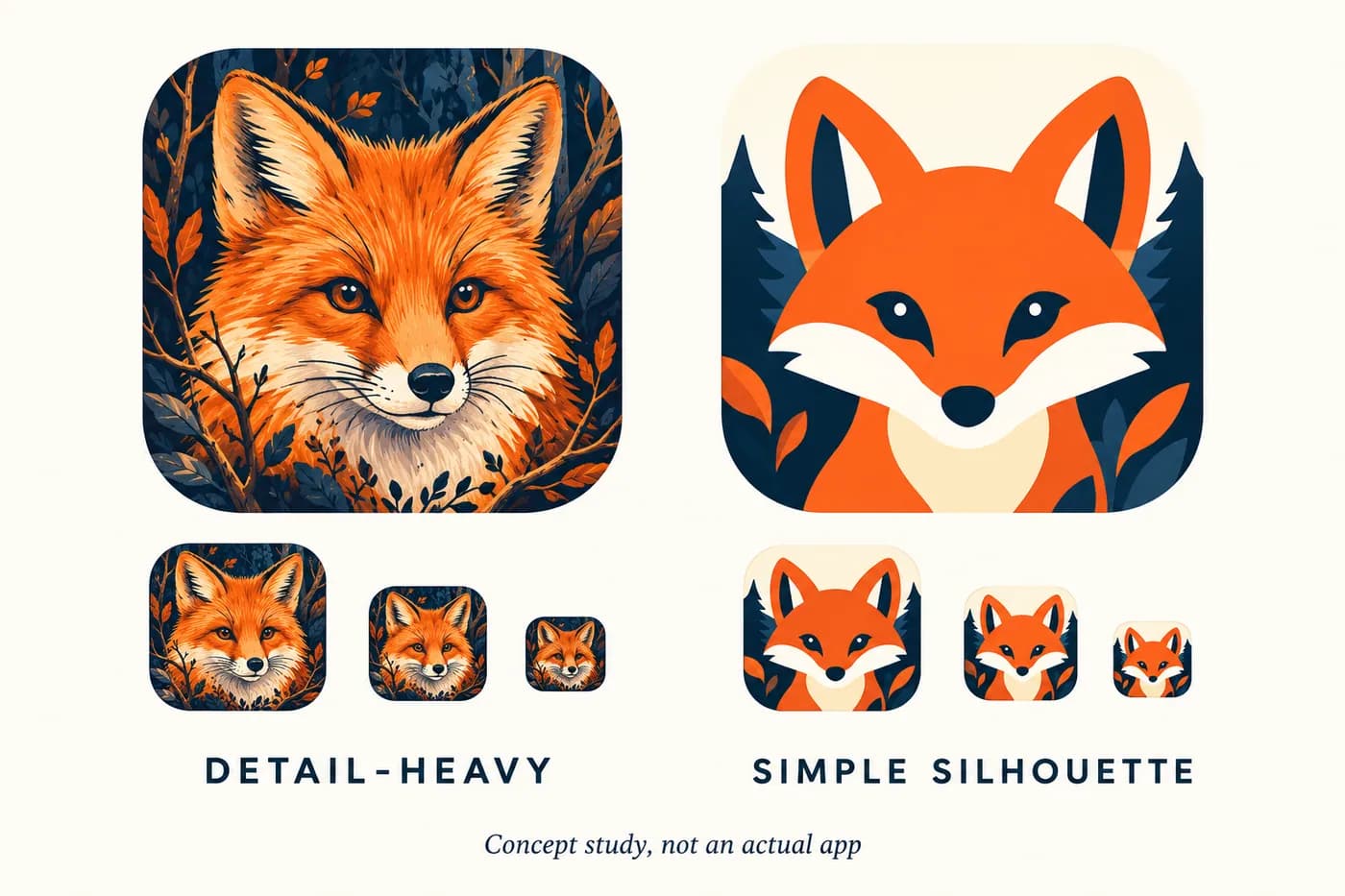 Fictional fox icon concepts comparing detailed artwork and a simpler silhouette at smaller sizes.