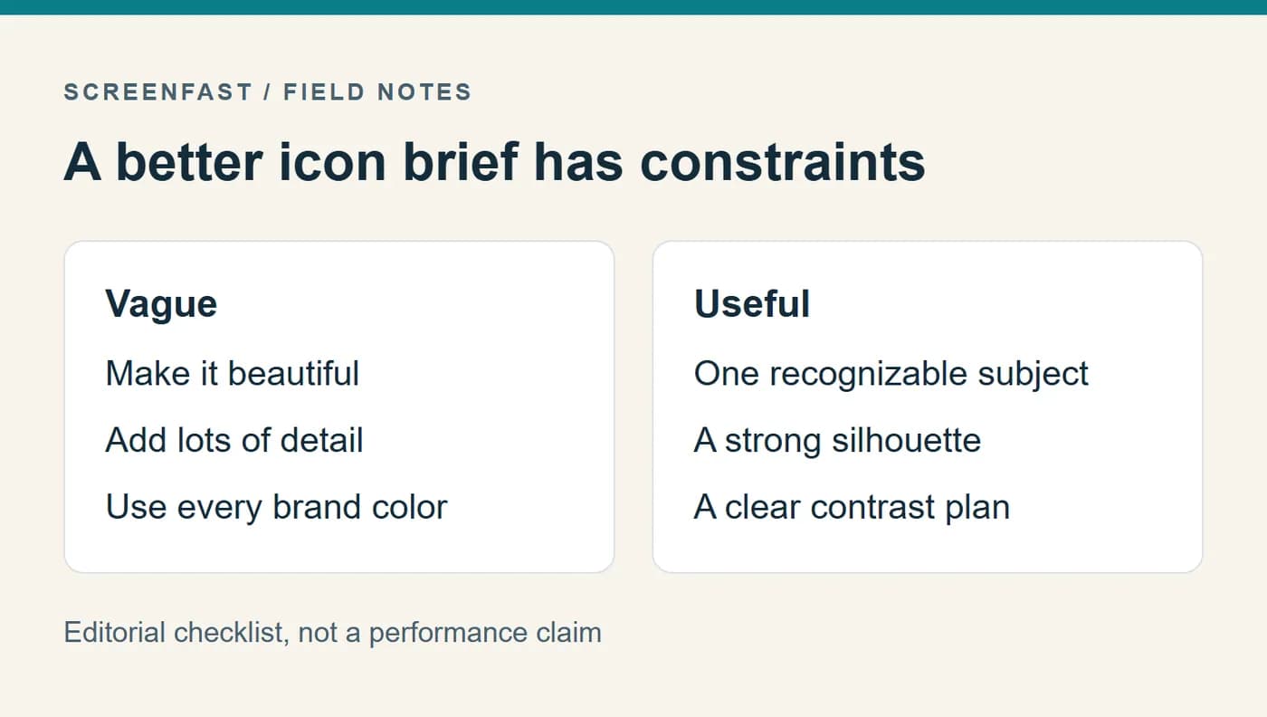 Comparison of a vague icon prompt with a subject, silhouette and contrast brief.