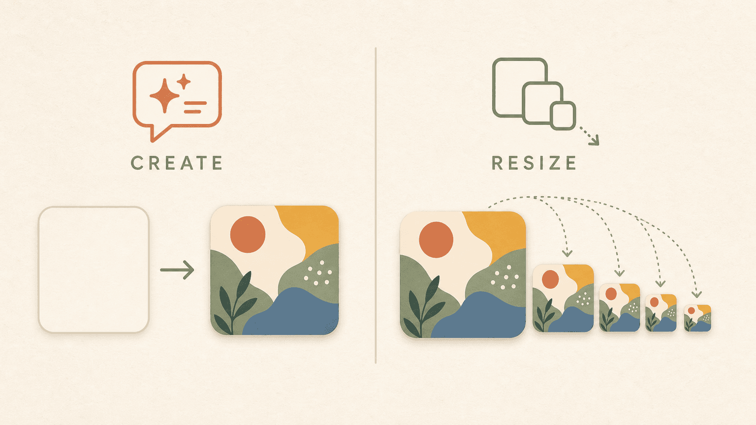 Diagram: a CREATE column turning a prompt into one icon, vs a RESIZE column slicing one icon into many sizes