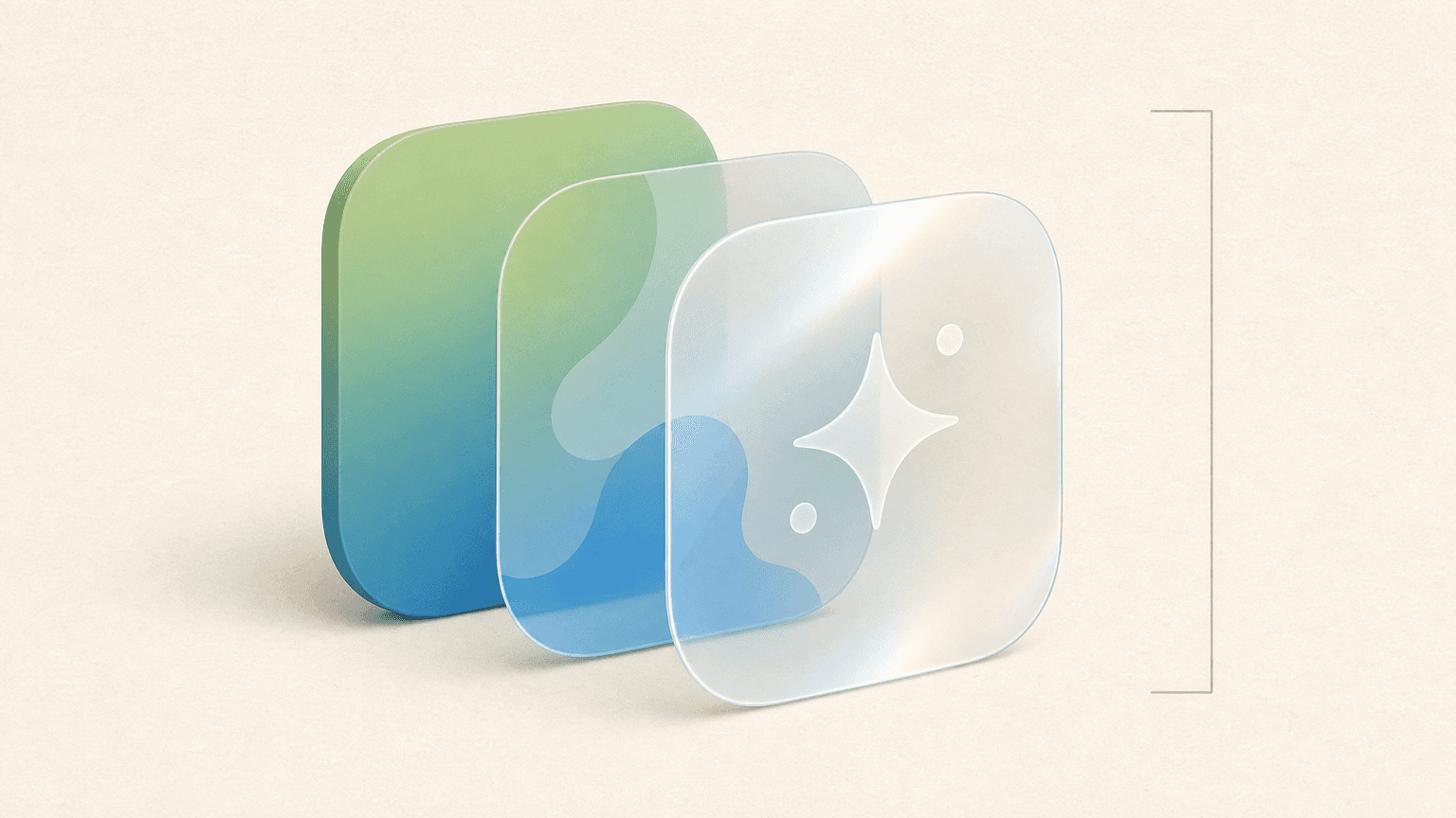 A single squircle icon exploded into three translucent Liquid Glass layers with a 1024 measurement bracket