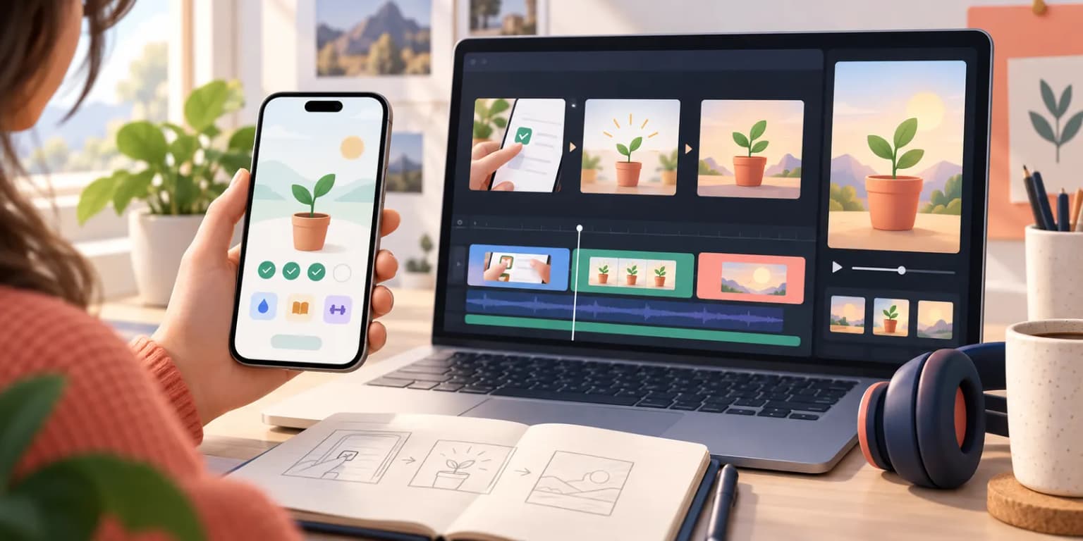 Illustrated planning desk with a fictional app and video timeline