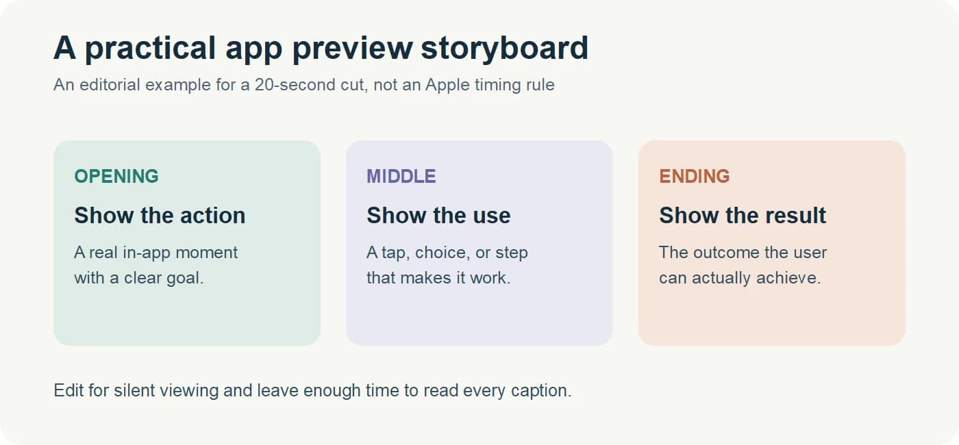 Four-part example storyboard from action to result and next step