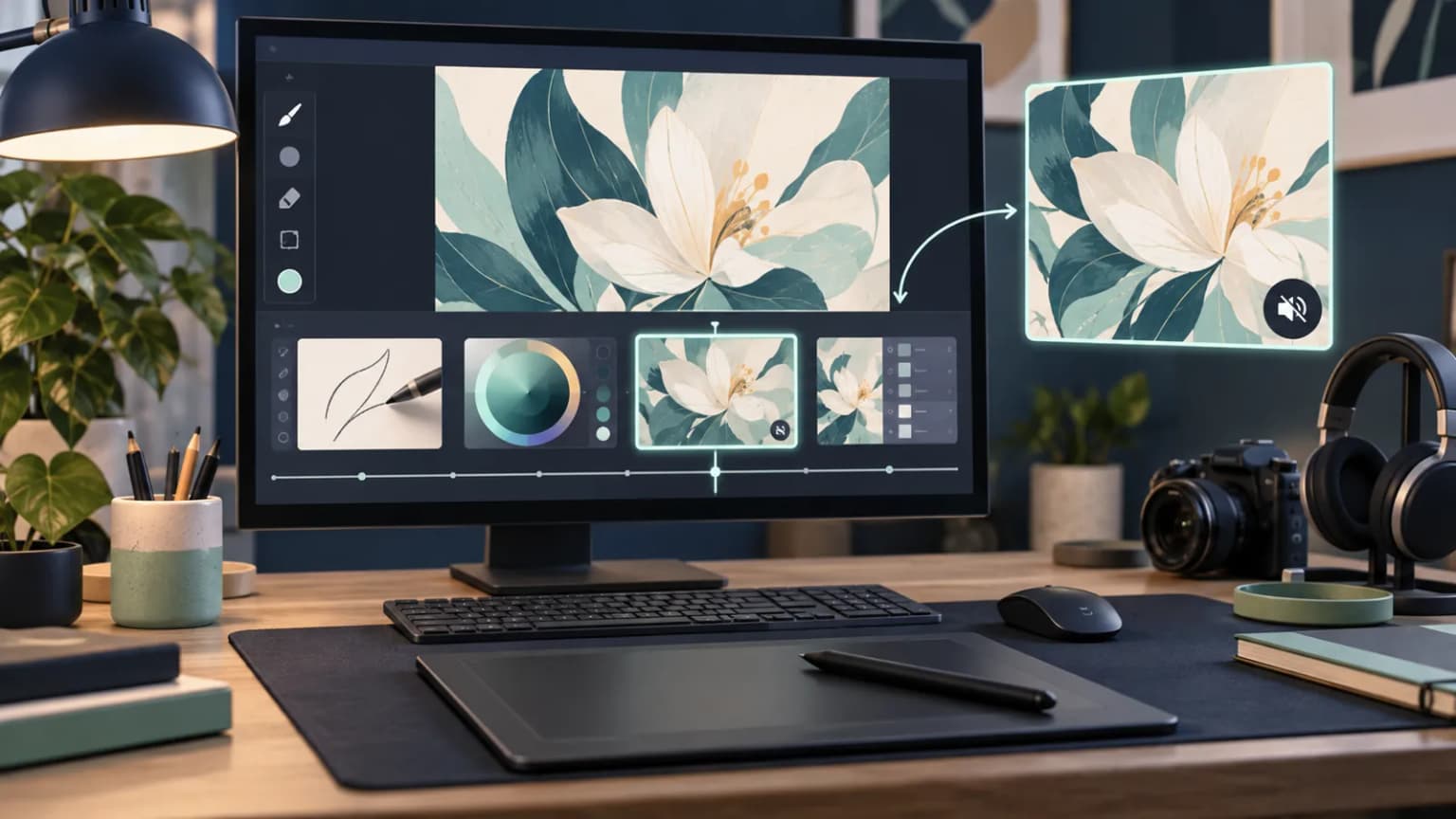 Fictional drawing-app footage on an editing timeline with a silent-preview and poster-frame check.