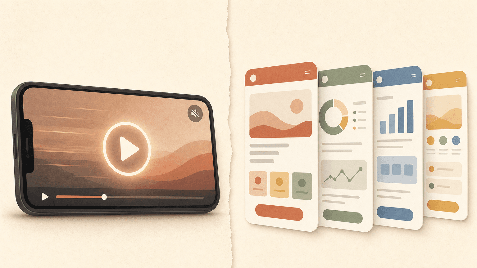 Split illustration: an autoplaying app preview video on the left, a fanned screenshot carousel on the right