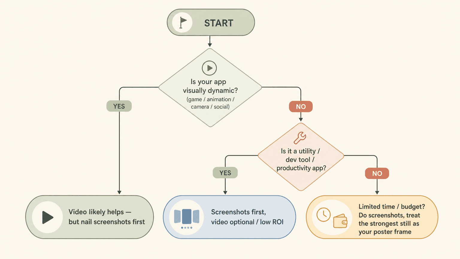 Decision flow: is your app visually dynamic, is it a utility, are you time-constrained