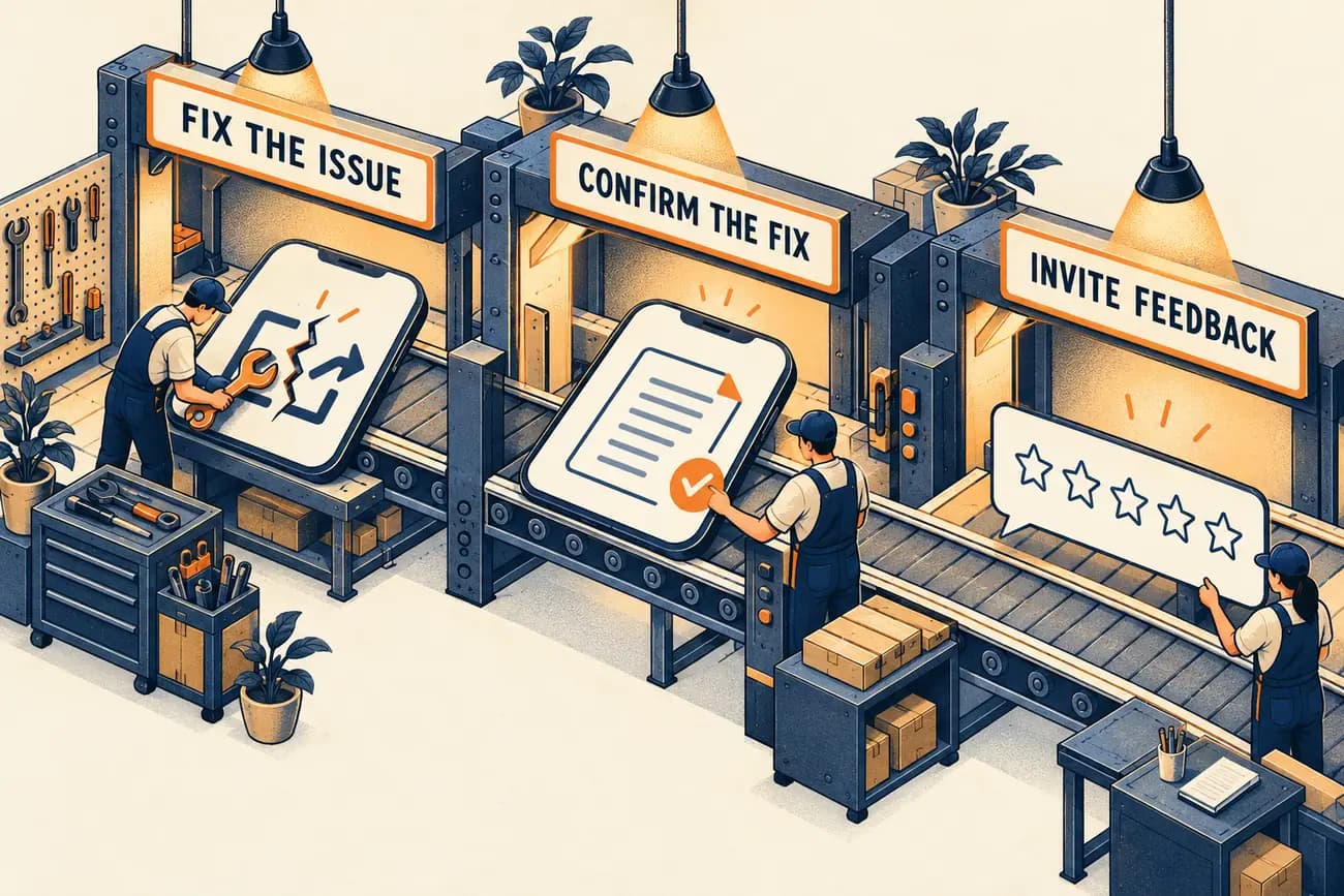 Illustrative review recovery process: fix the issue, confirm the fix and invite feedback.
