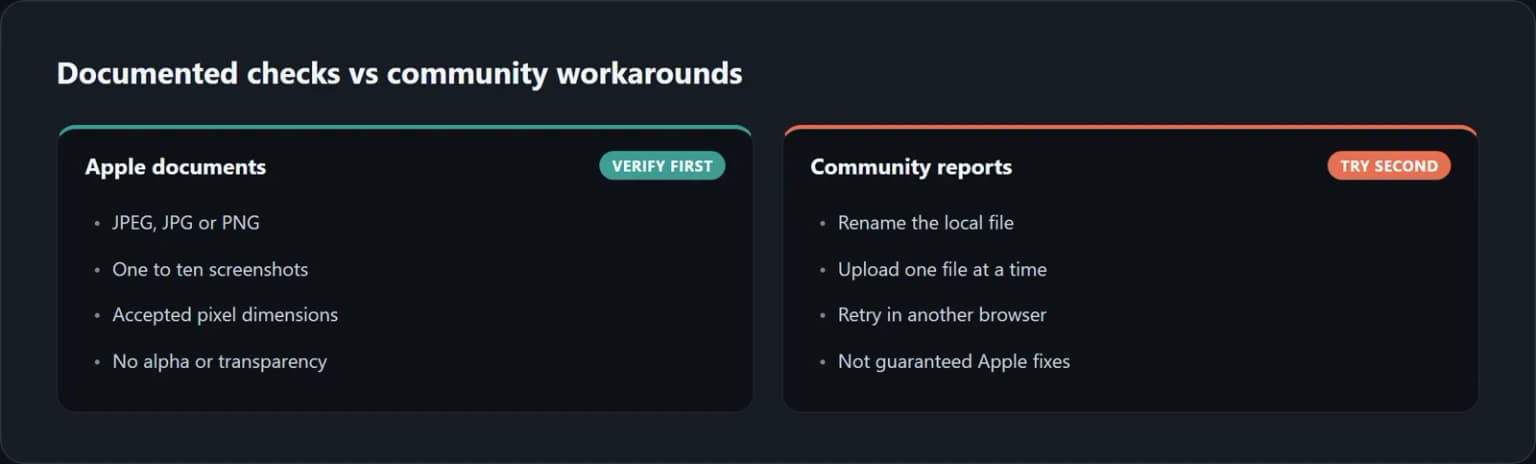 Official Apple checks separated from community-reported workarounds