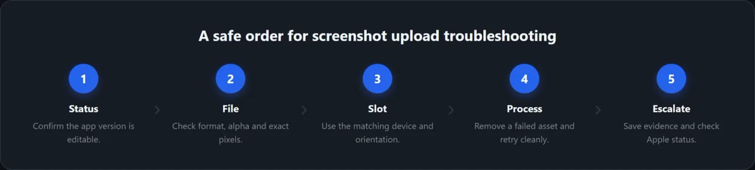 Five-step order for troubleshooting App Store screenshot uploads