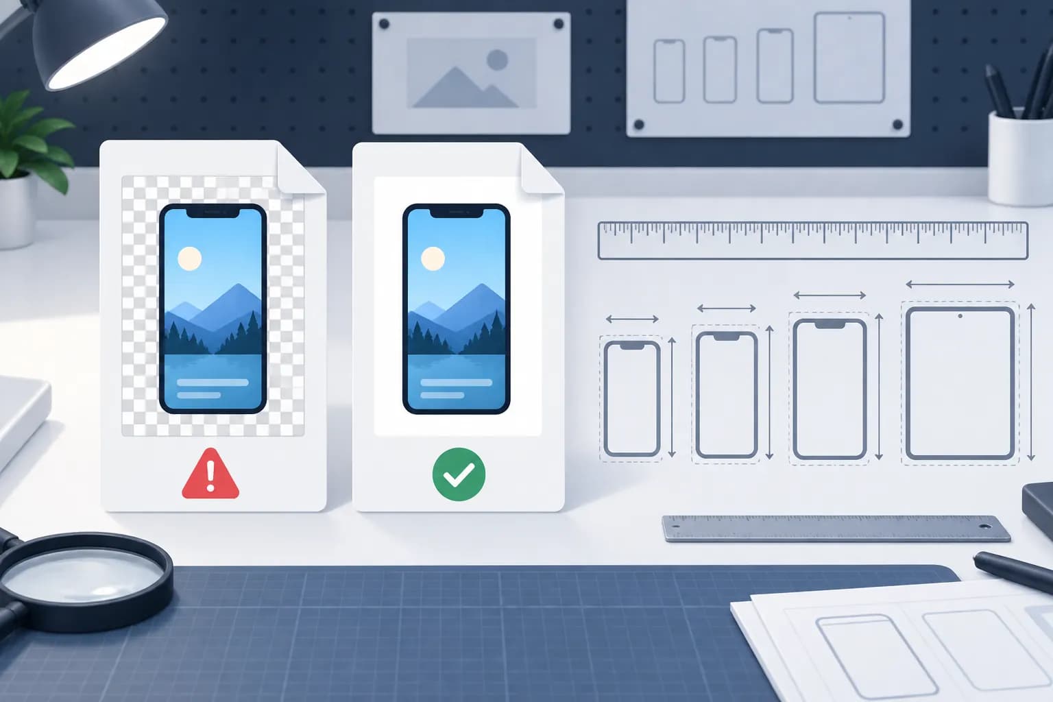 Illustrative inspection of a transparent screenshot file beside an opaque export and device-size checks.
