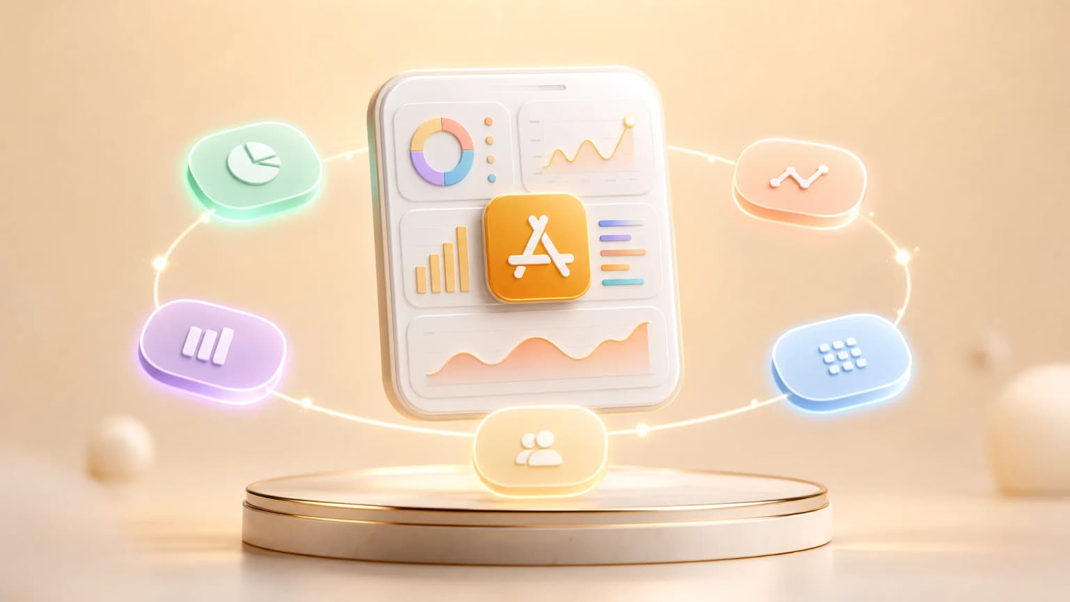 Editorial 3D render of an App Store benchmark dashboard surrounded by pastel category pill chips, with an App Store icon in the center.