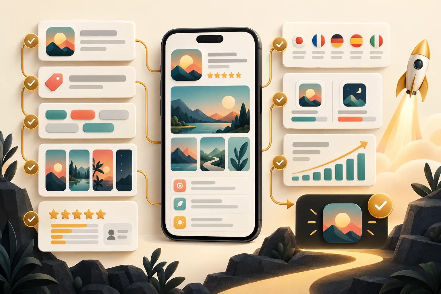 App Store listing workflow with metadata, screenshots, localization, testing, and launch checks