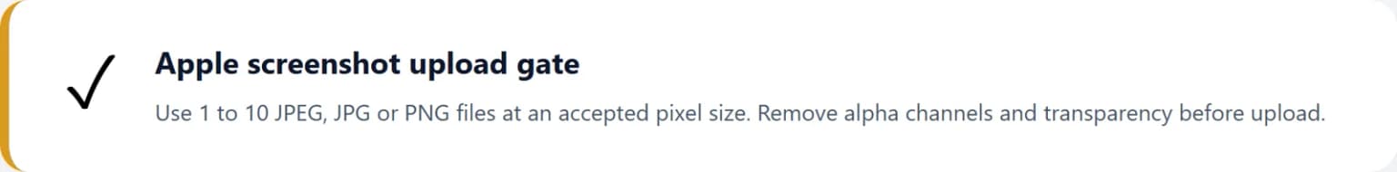 Apple screenshot upload gate: file count, formats, accepted size, and no alpha