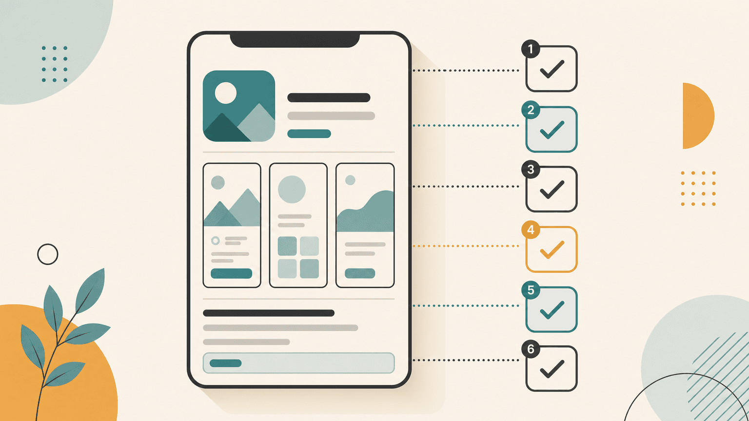 Editorial illustration of an App Store listing optimization checklist