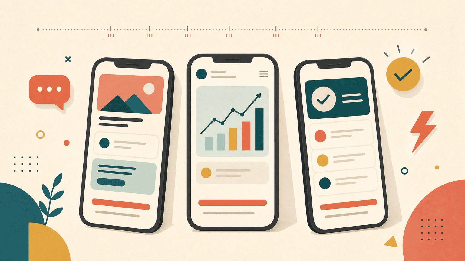 Editorial illustration of App Store screenshot captions and copy formulas