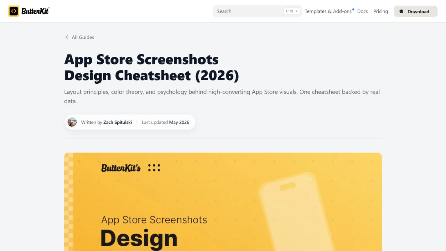 ButterKit App Store Screenshots Design Cheatsheet 2026 with author and last updated dates.