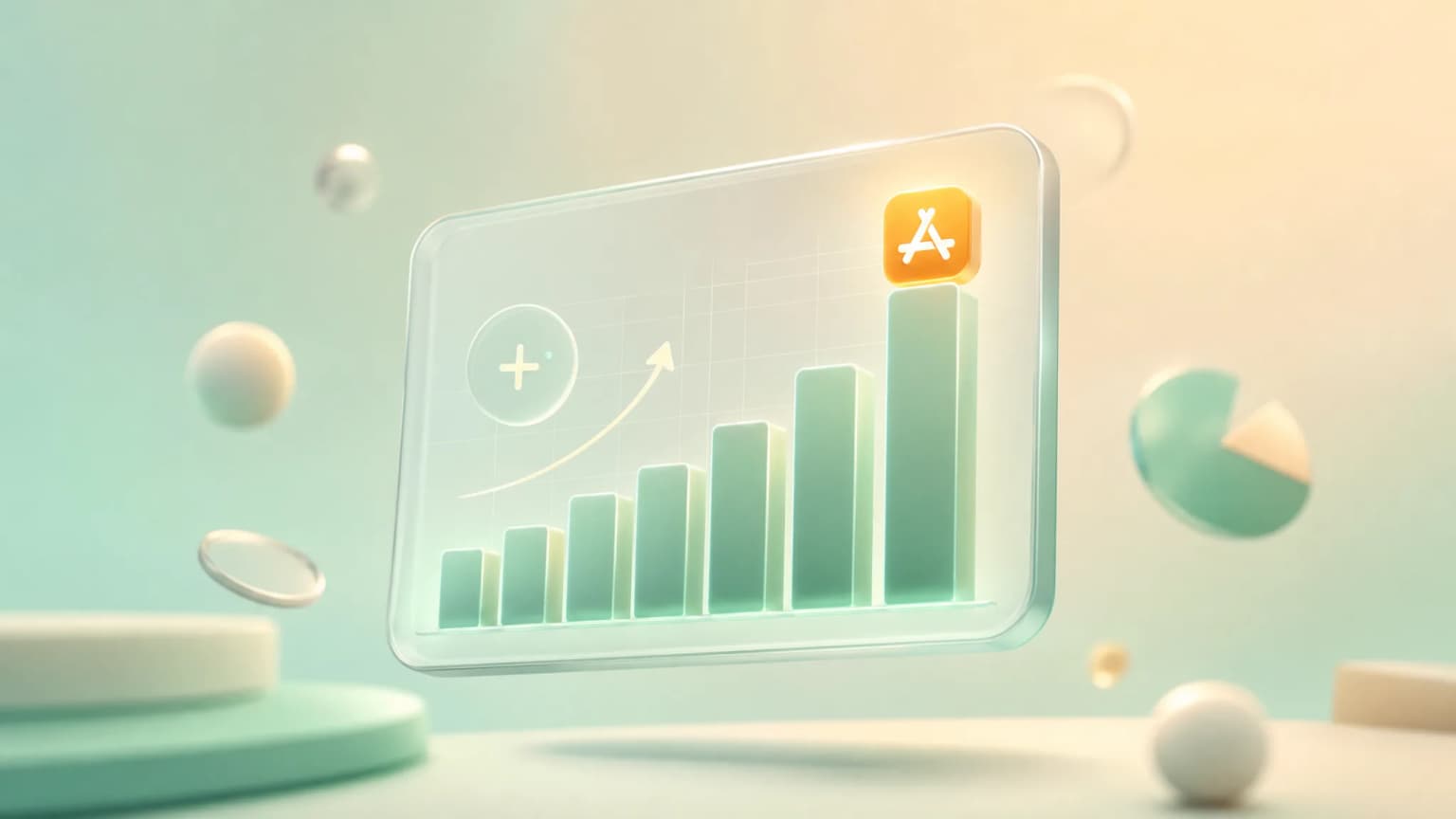 Editorial 3D analytics dashboard with a rising bar chart and a small App Store icon on top.