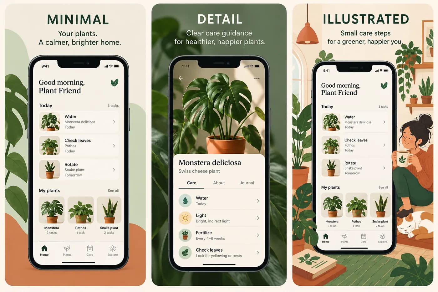 Three fictional plant-care screenshot layouts show minimal, detail-focused and illustrated design approaches.