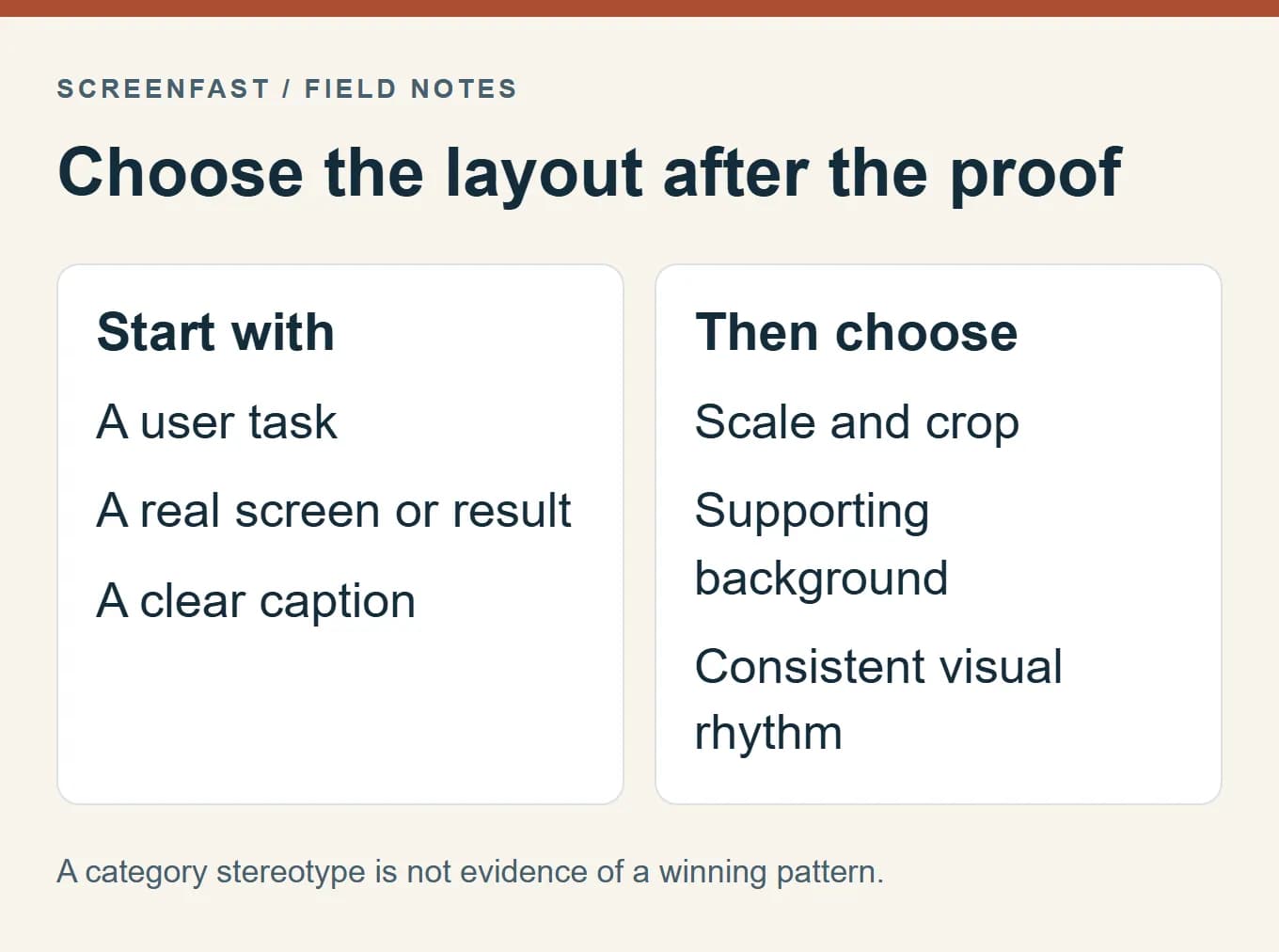 Choose the layout after the proof. A category stereotype is not evidence of a winning pattern.