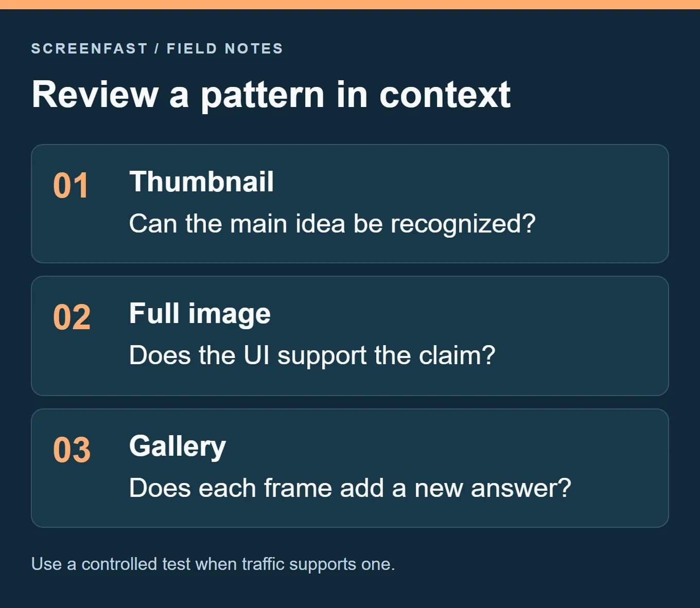 Review a pattern in context. Use a controlled test when traffic supports one.