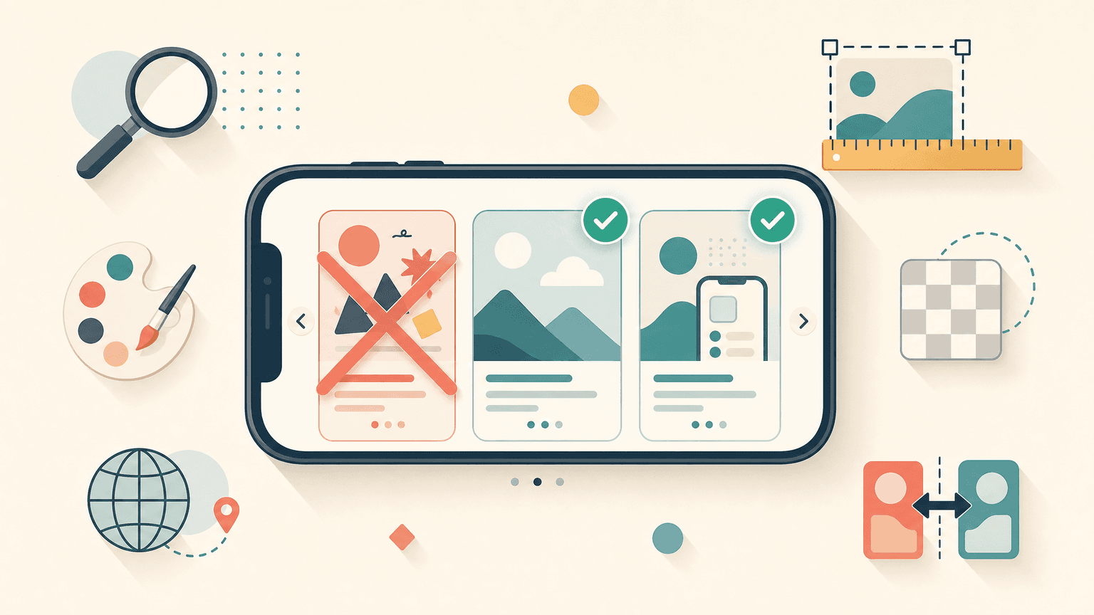 Editorial illustration of common App Store screenshot mistakes