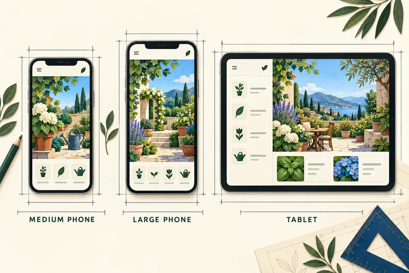 A fictional gardening app adapted to medium phone, large phone and tablet canvases without stretching.
