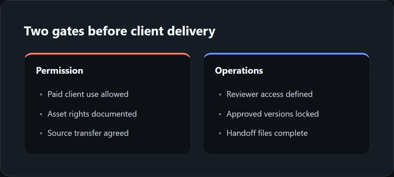 Two checks before client delivery: permission to do the work and a clear approval and handoff process.