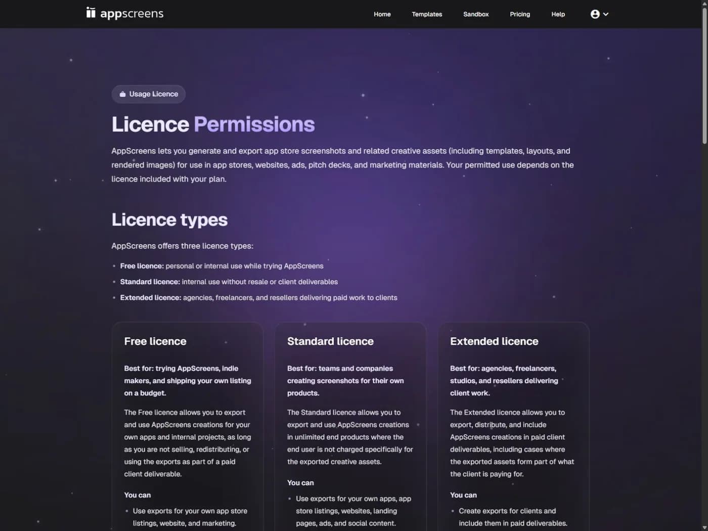 AppScreens licence page showing separate Free, Standard and Extended permissions.