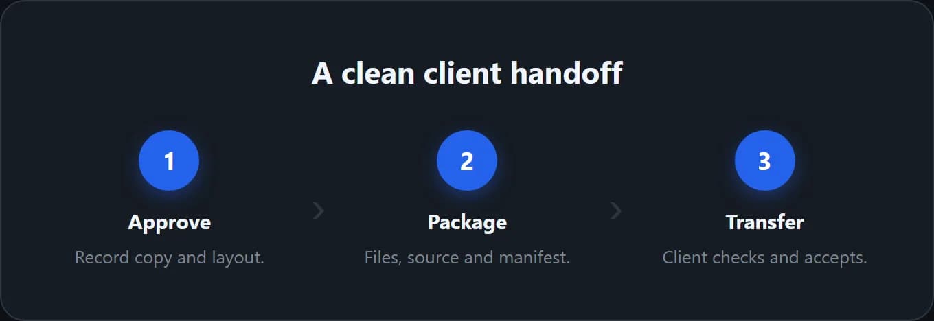 A handoff sequence from approved concept through size and locale checks to a documented client archive.