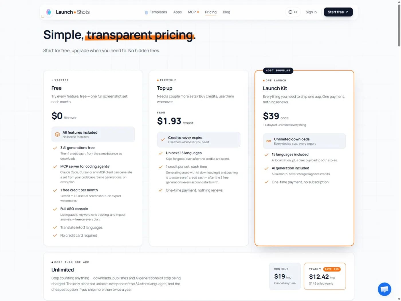 Launch Shots pricing showing the Free, Top up and Launch Kit offers and their different usage conditions.