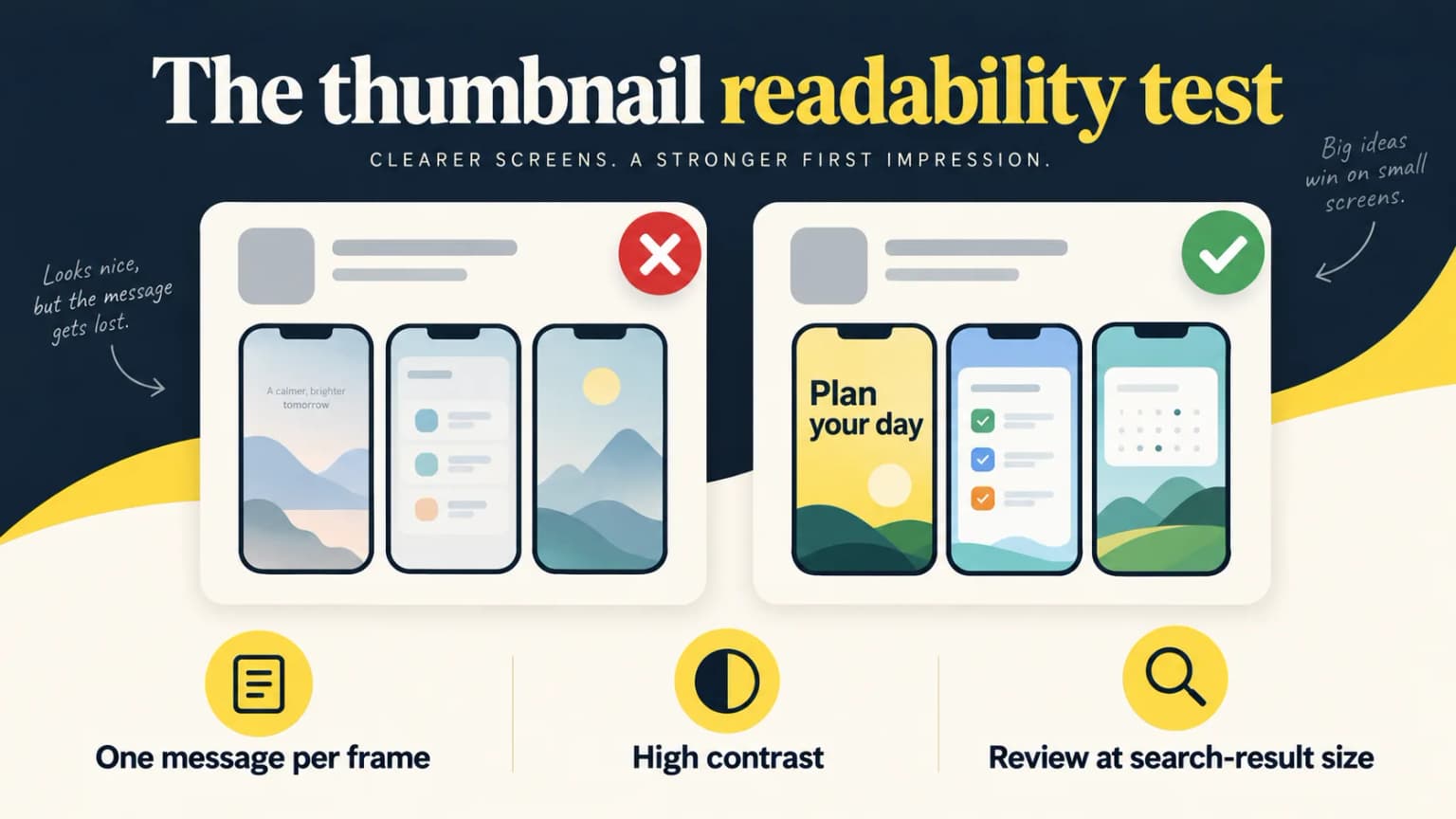 Side-by-side example of an unreadable thumbnail and a clear benefit-led headline.