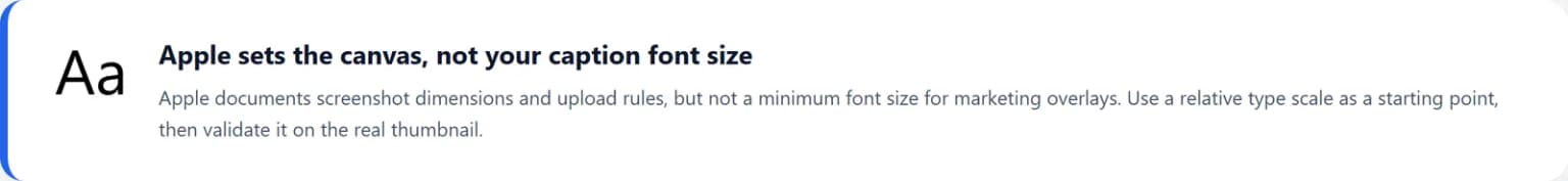 Editorial callout explaining that Apple defines screenshot dimensions but not caption font size