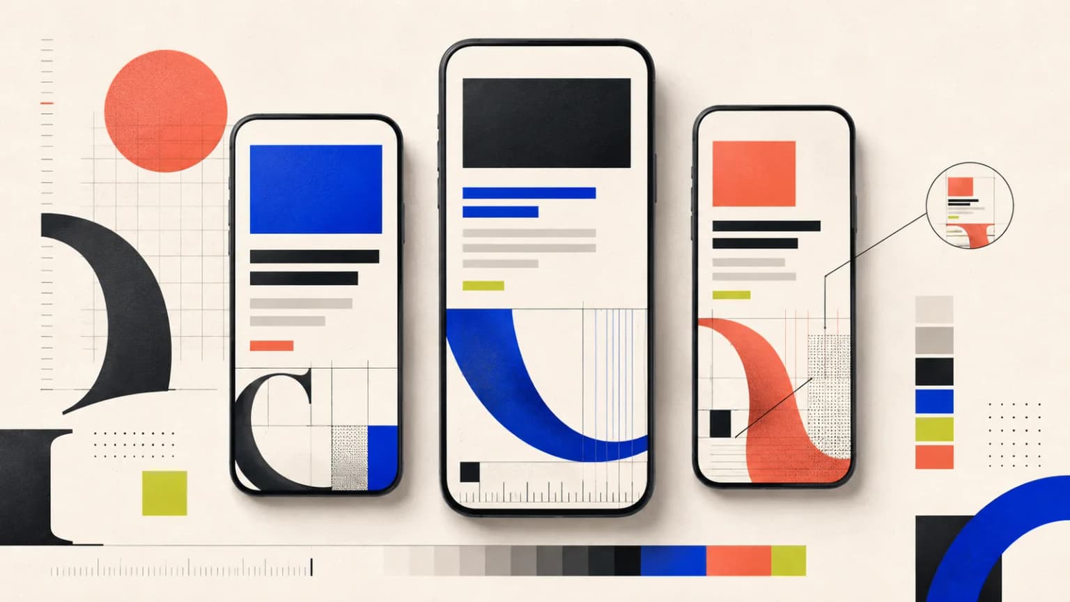 Abstract editorial composition showing type scale and hierarchy across mobile screenshot canvases