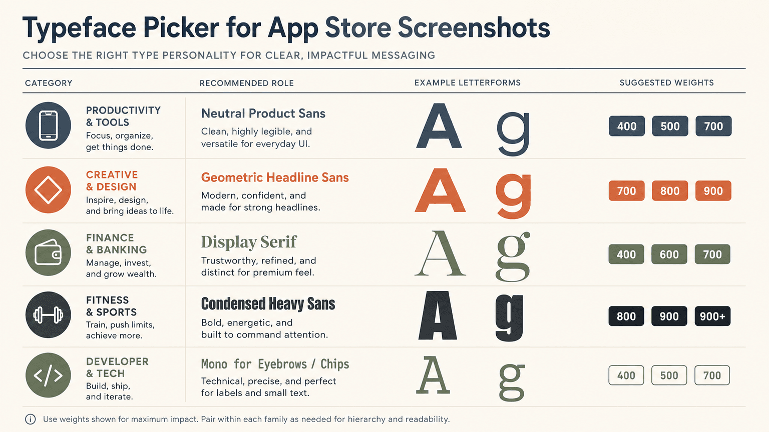 Grid of recommended fonts by app category
