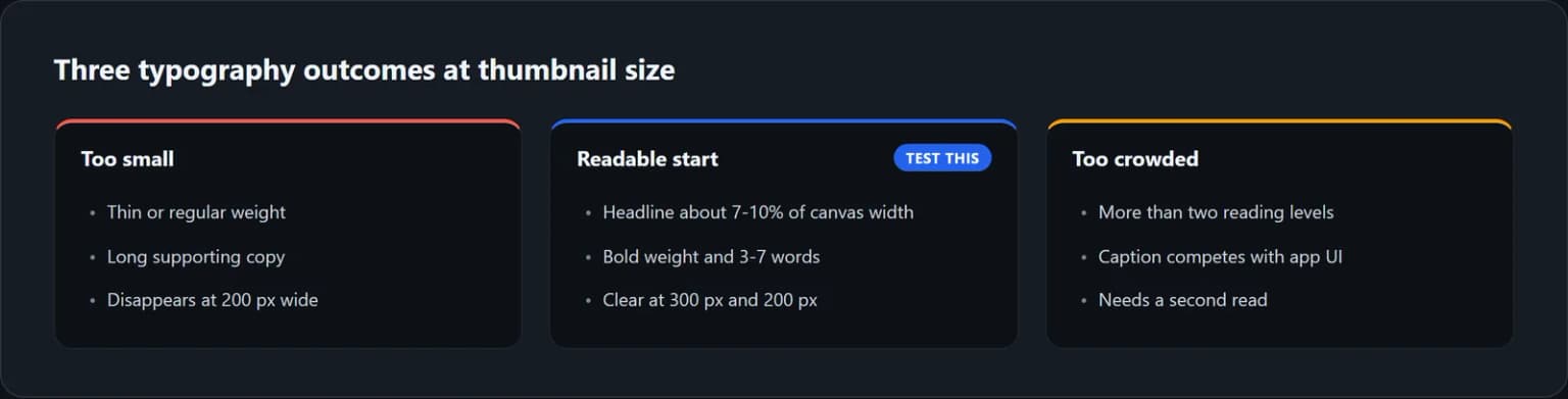 Comparison of typography that is too small, readable, or too crowded at thumbnail size