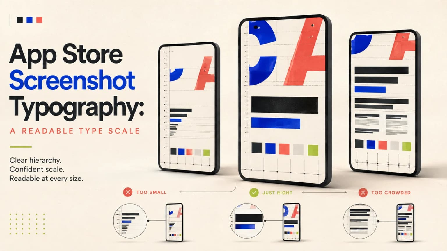 Overview of strong, weak, and crowded typography treatments across App Store screenshot layouts