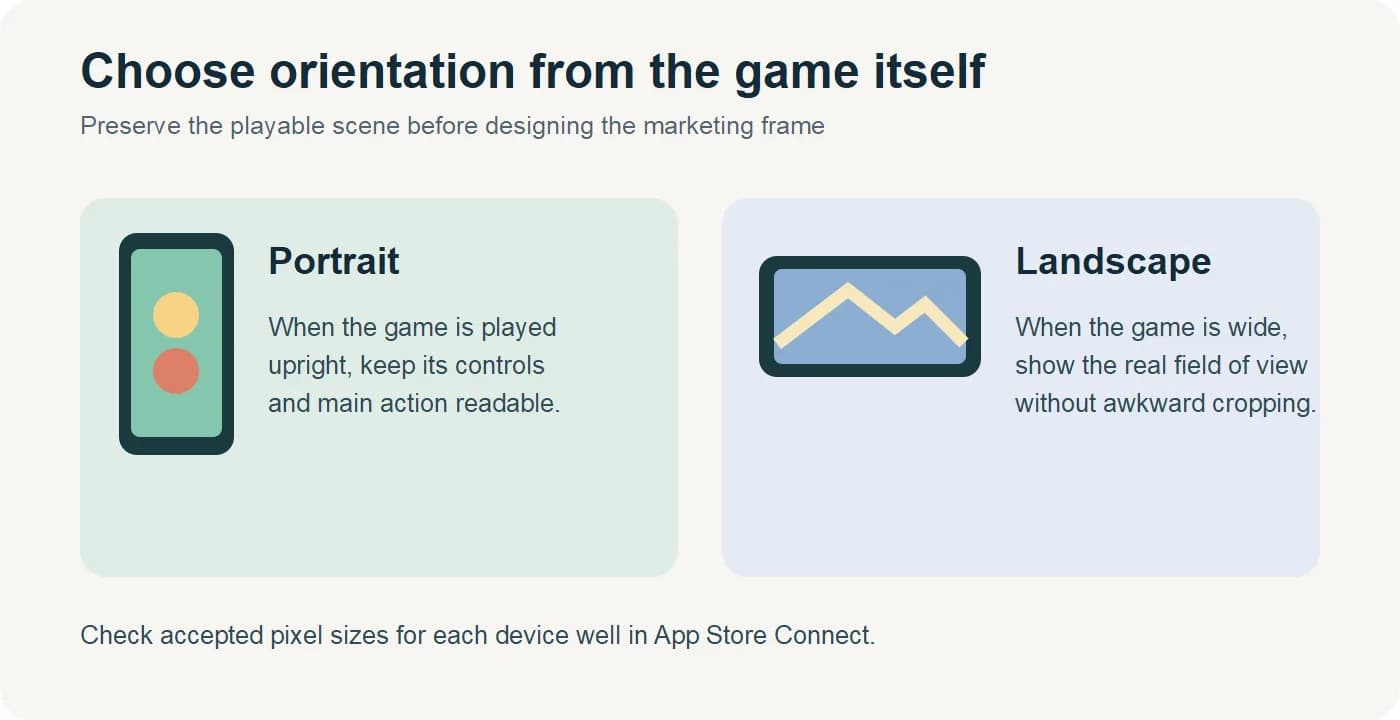 Decision guide for portrait and landscape mobile game screenshot layouts