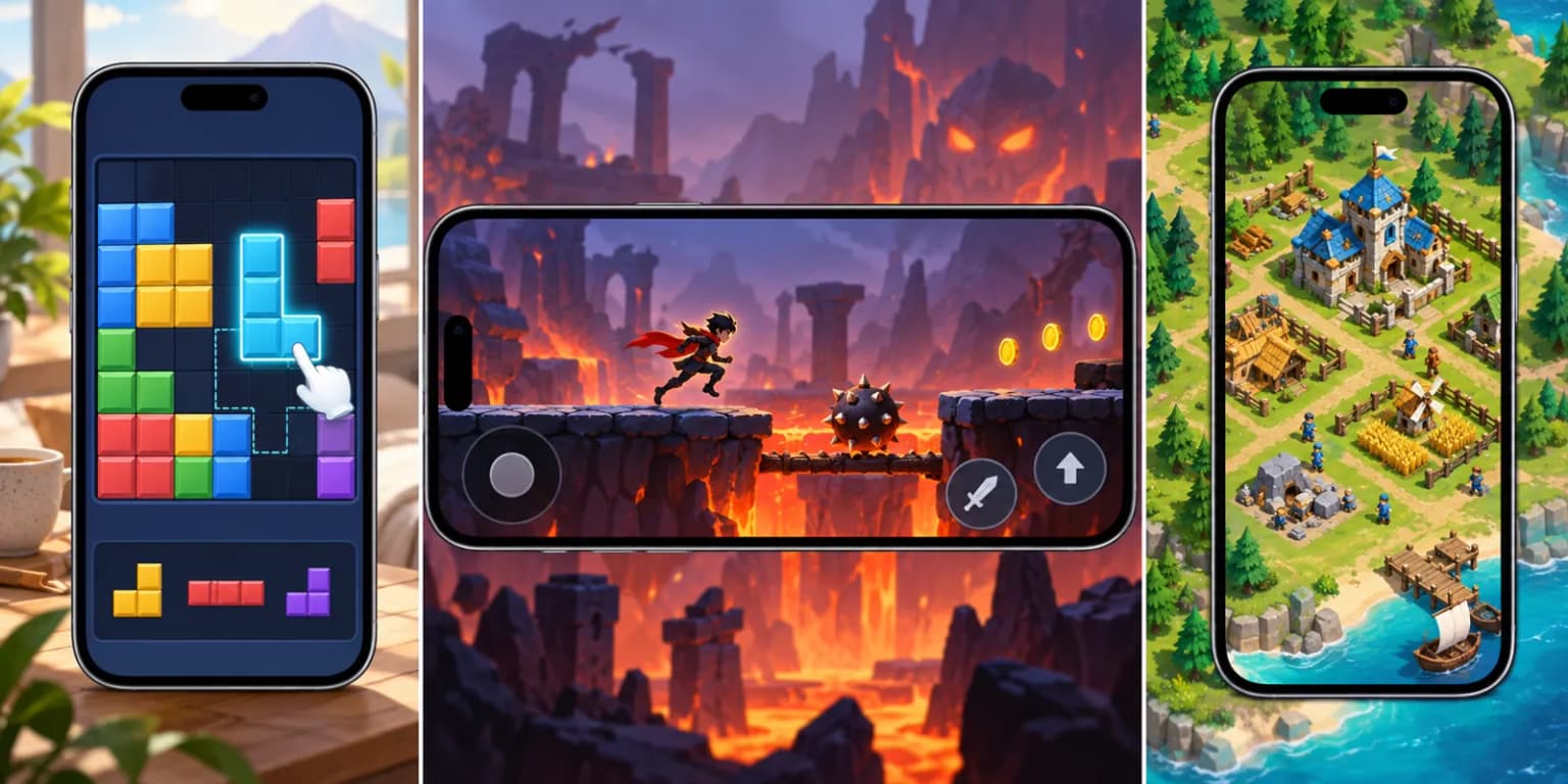 Fictional puzzle, action and strategy gameplay frames illustrating three different first-screenshot jobs.