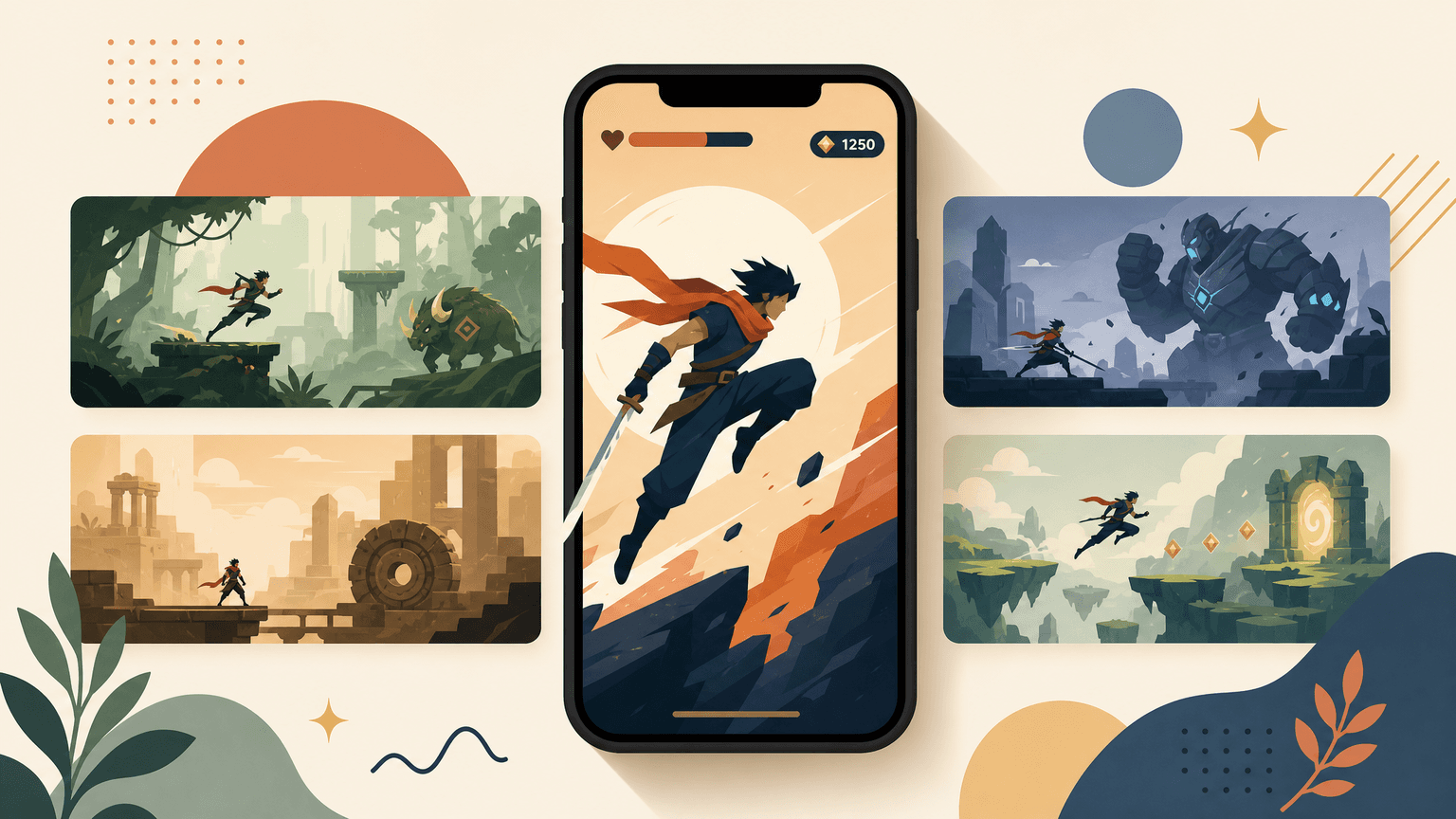 Editorial illustration of App Store screenshots for mobile games