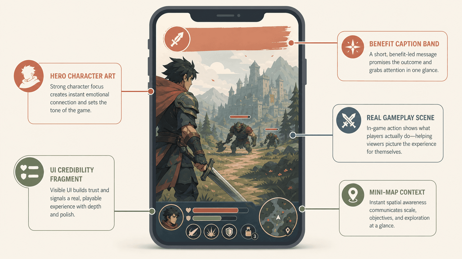 Annotated anatomy of a high-converting mobile game screenshot