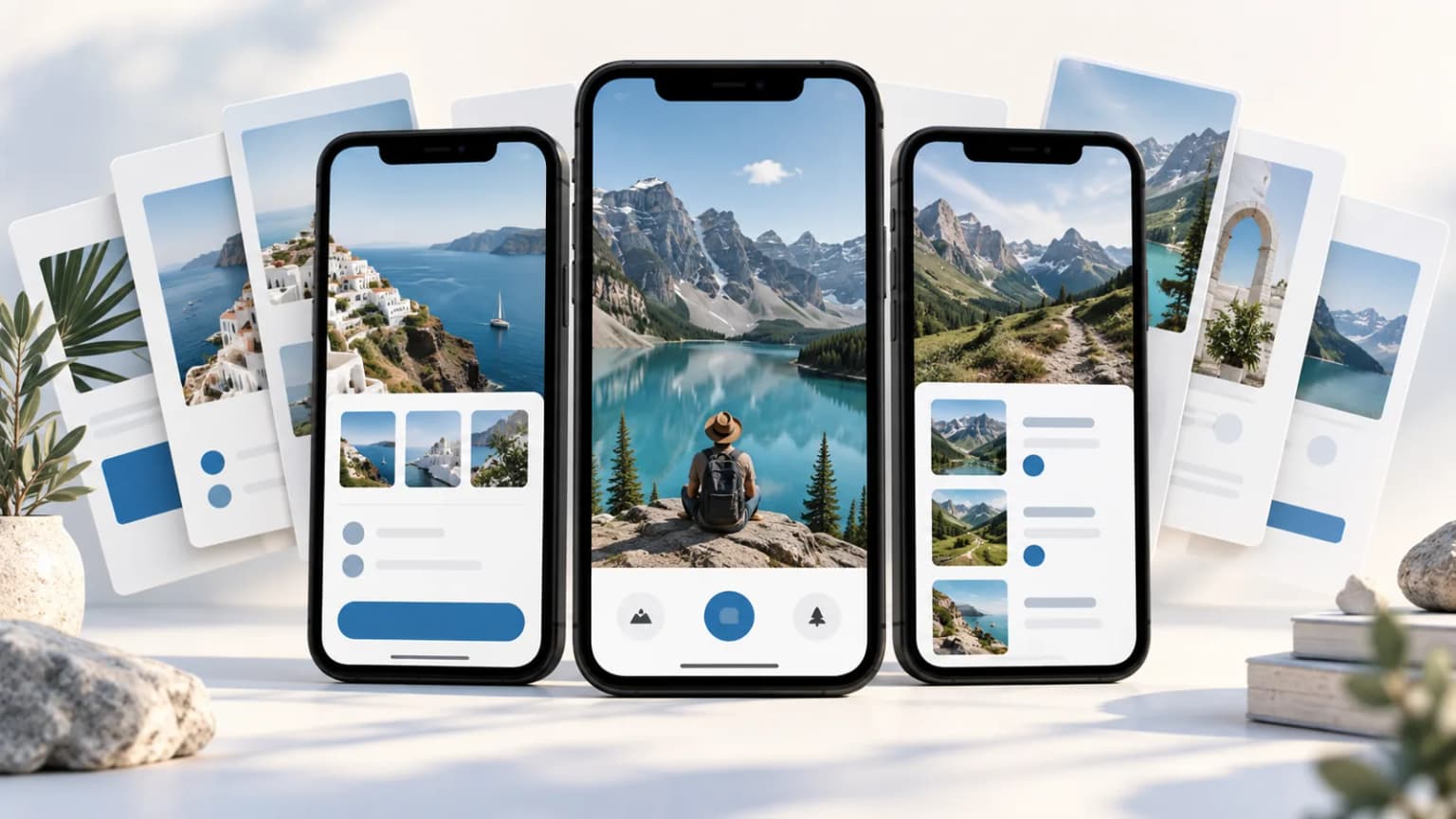 Conceptual travel app screenshot workspace, not an AppLaunchpad interface capture