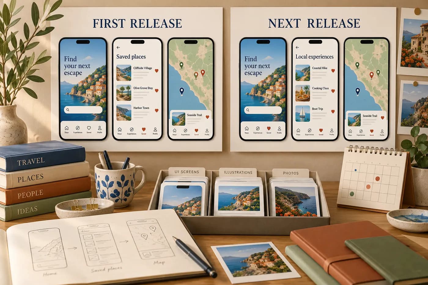 A fictional travel-app template is reused for a later release with a changed screen and caption.
