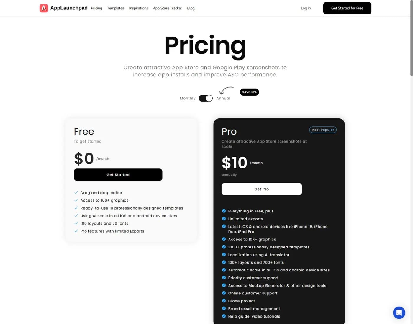 AppLaunchpad pricing with annual billing selected; the page separates Free and Pro.