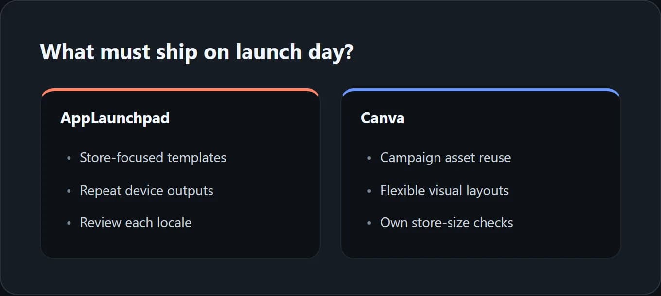 Comparison card: store-focused production versus campaign-focused reuse, with review duties on both sides.