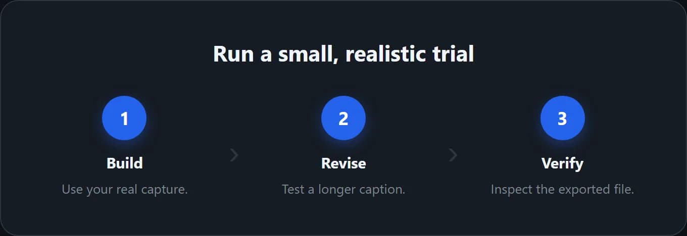 Three trial stages: build a real screenshot, revise the message, then verify the exported file.