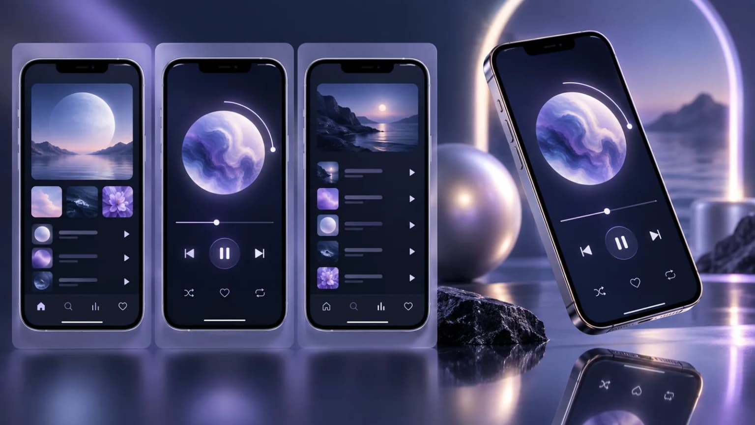 Conceptual flat music app store panels beside a three-dimensional device scene
