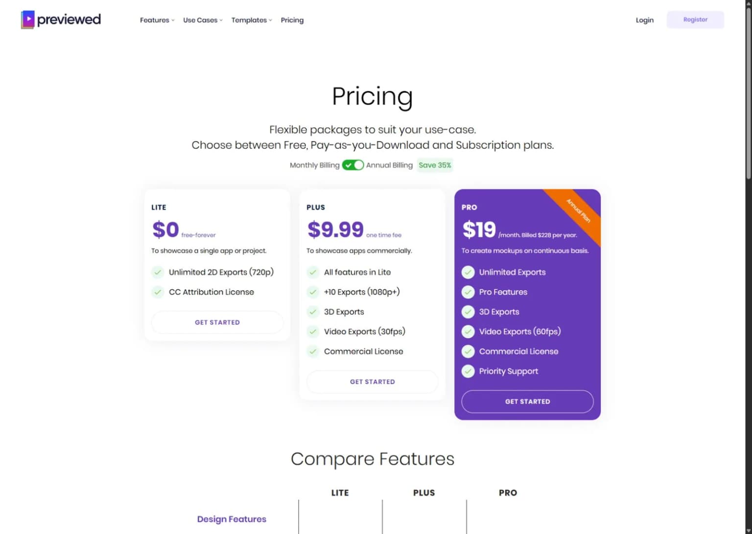 Previewed public plans page showing Lite, Plus and annual Pro